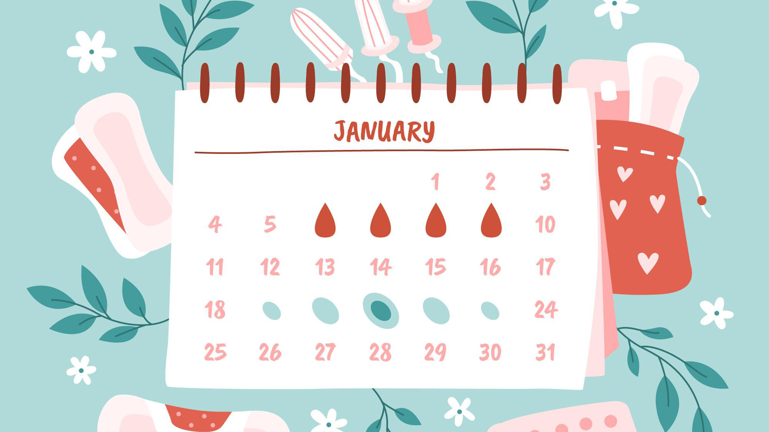 Calendario menstrual con días marcados y decoración femenina