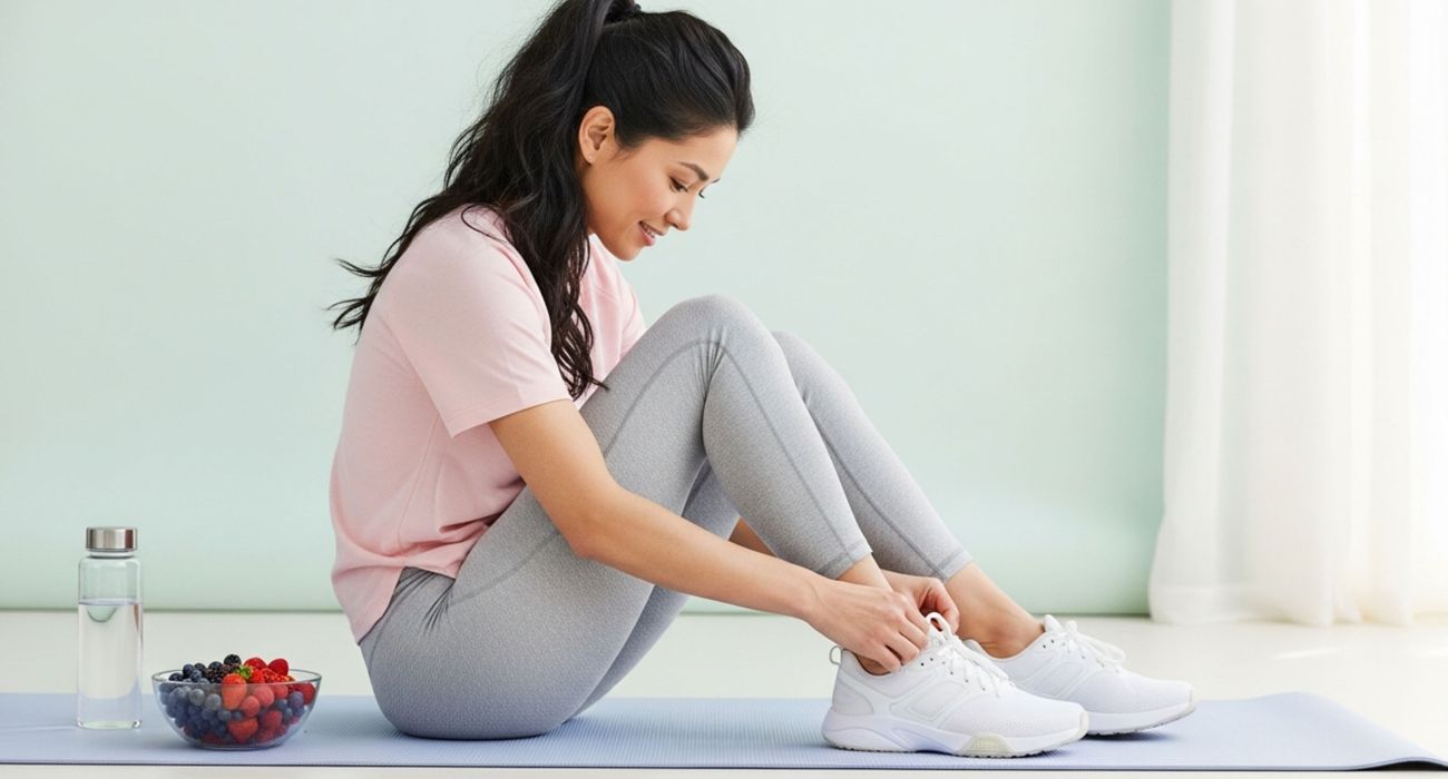 Woman tying running shoes beside fresh berries and water—symbolizing balanced, sustainable weight loss habits
