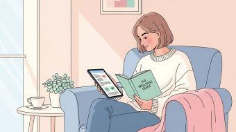 Illustration of a woman reading a health guide on her laptop in soft pastel tones, representing learning accurate information about female anatomy.