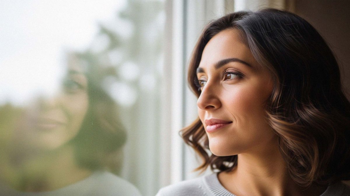 A woman with a serene expression looking out a window, representing a moment of self-acceptance and peace.