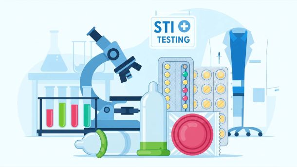 Illustration of safe sex protection methods including condoms and birth control pills
