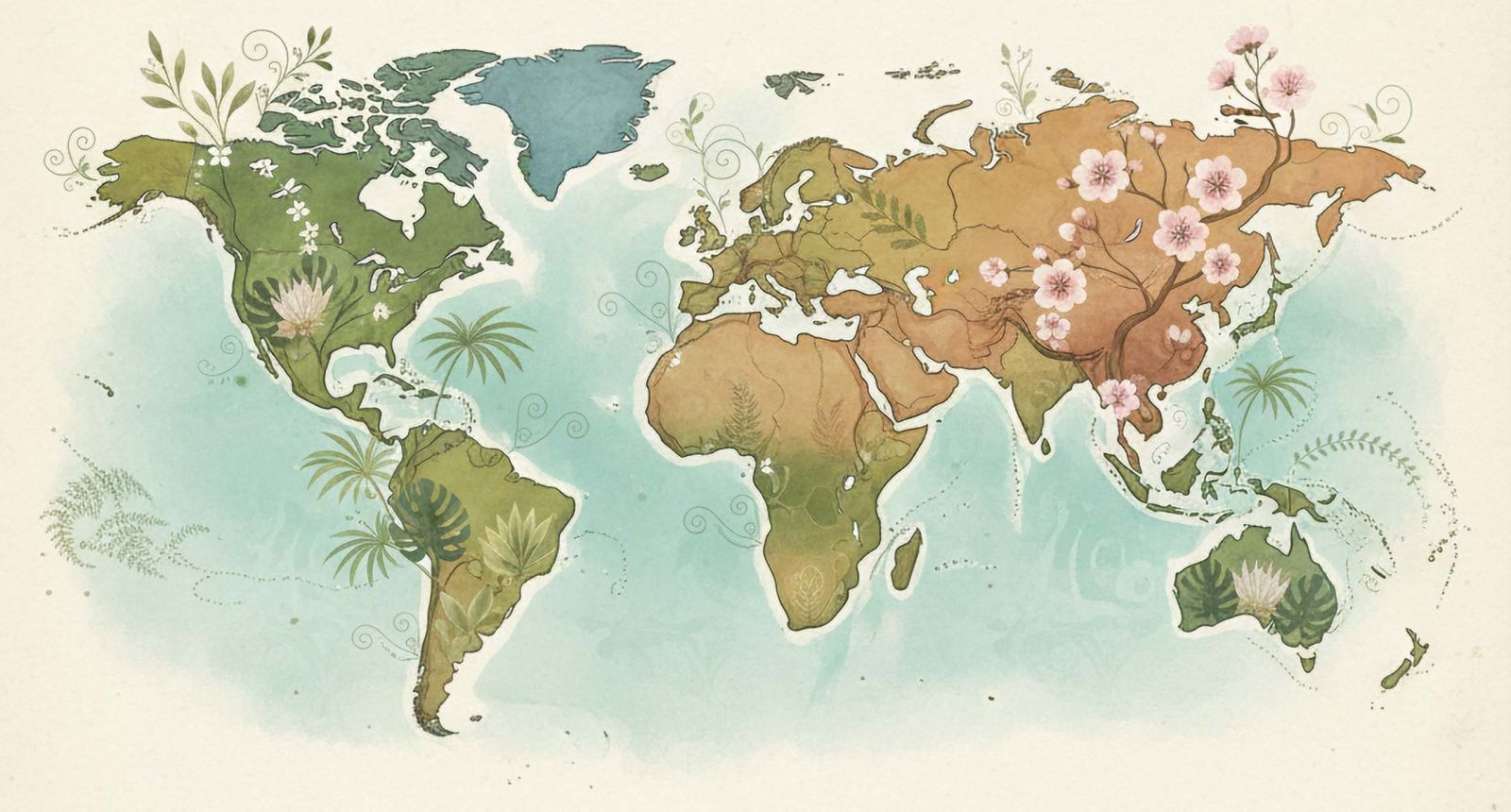 World map with cultural herbal and wellness symbols for vaginal care traditions.