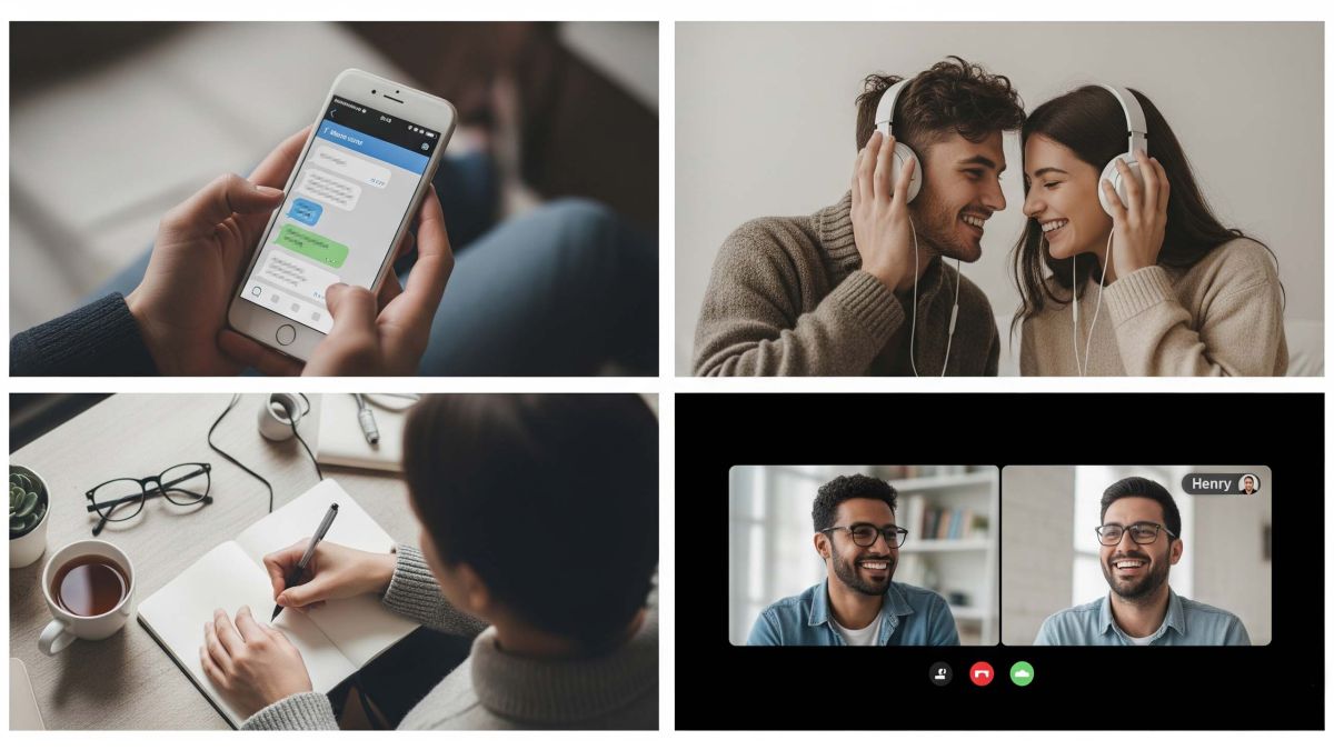 Four-panel image showing digital and in-person moments of Gen Z connection: messaging, shared music, solitary reflection, and a video call.