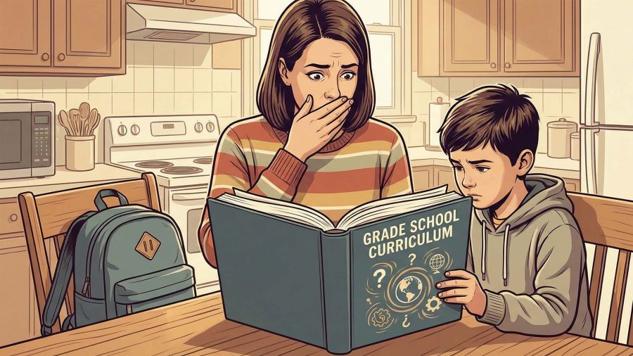 A mother and child reviewing educational materials together in a home setting.