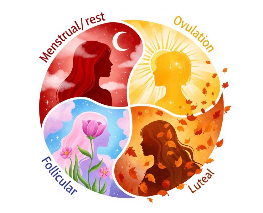 Illustration of the four phases of the female menstrual cycle depicted as a circular dance of hormones and energy.
