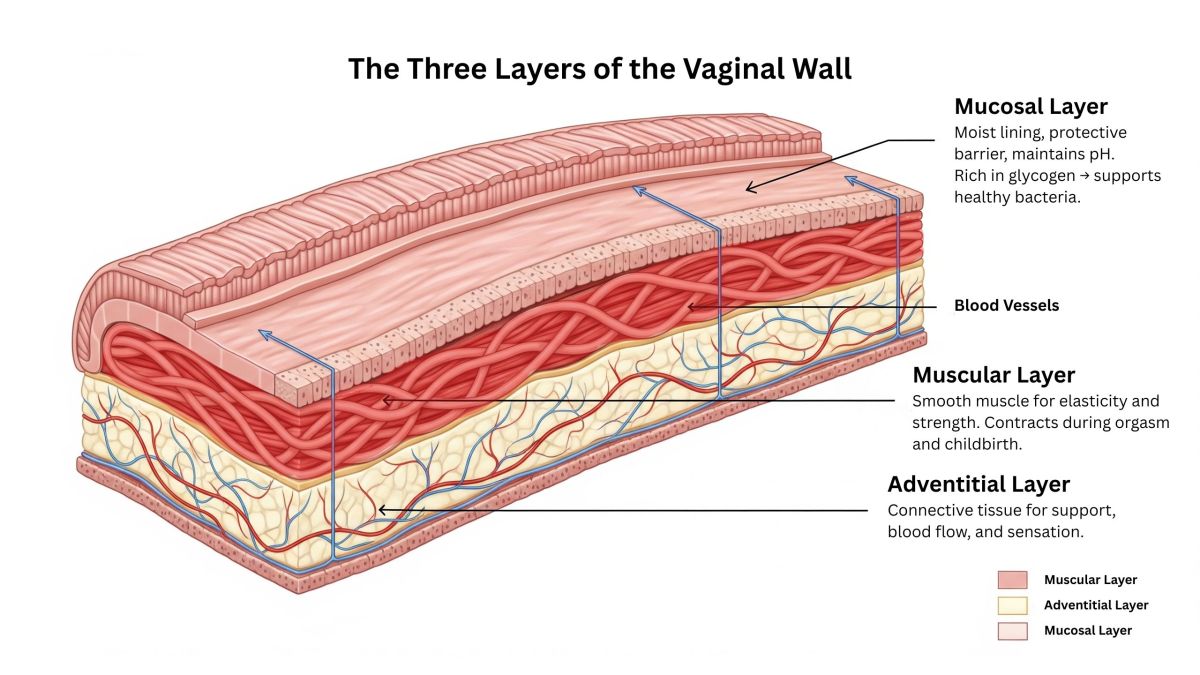 Labeled cross-section of the vaginal wall showing mucosal, muscular, and adventitial layers