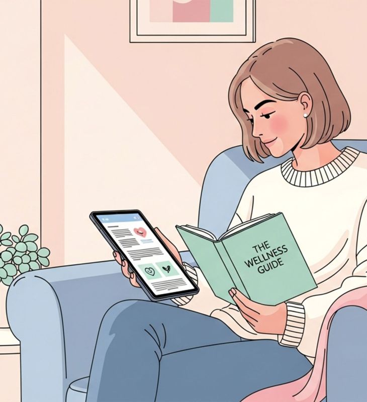 Illustration of a woman reading a health guide on her laptop in soft pastel tones, representing learning accurate information about female anatomy.