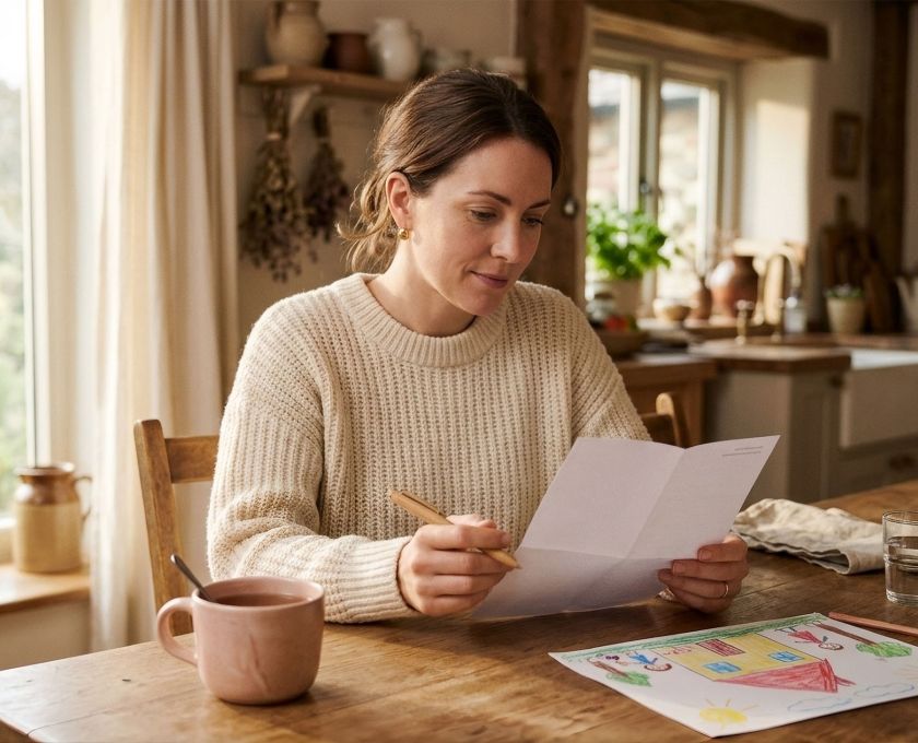Woman at a sunlit kitchen table holding a pen over a ballot, reflecting on how women form political views