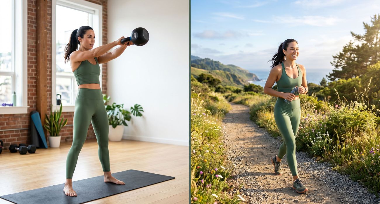 A woman practicing a balanced routine of strength training and outdoor walking for hormonal health.