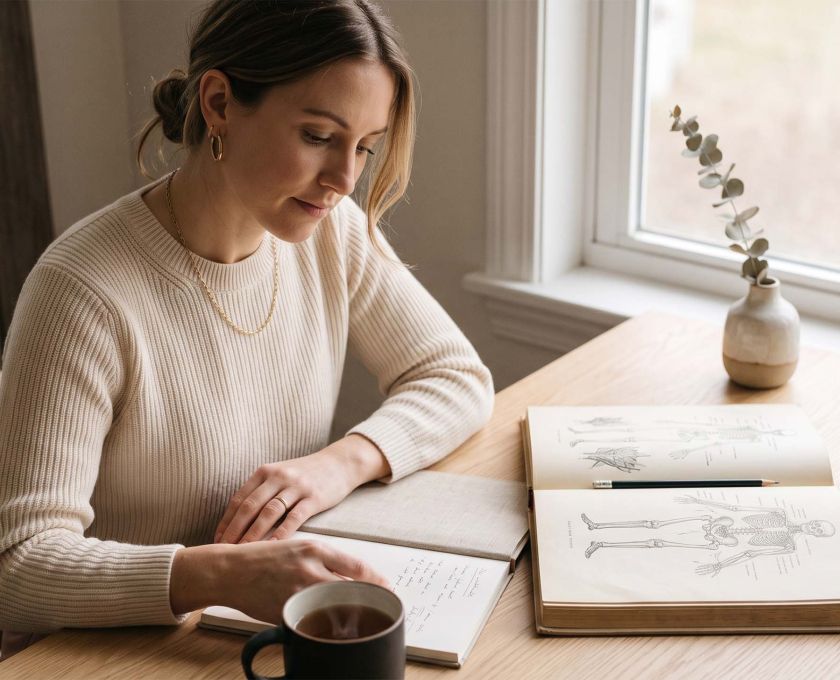 Woman in a cream knit studying an illustrated anatomy atlas at a sunlit desk while learning about female genital anatomy