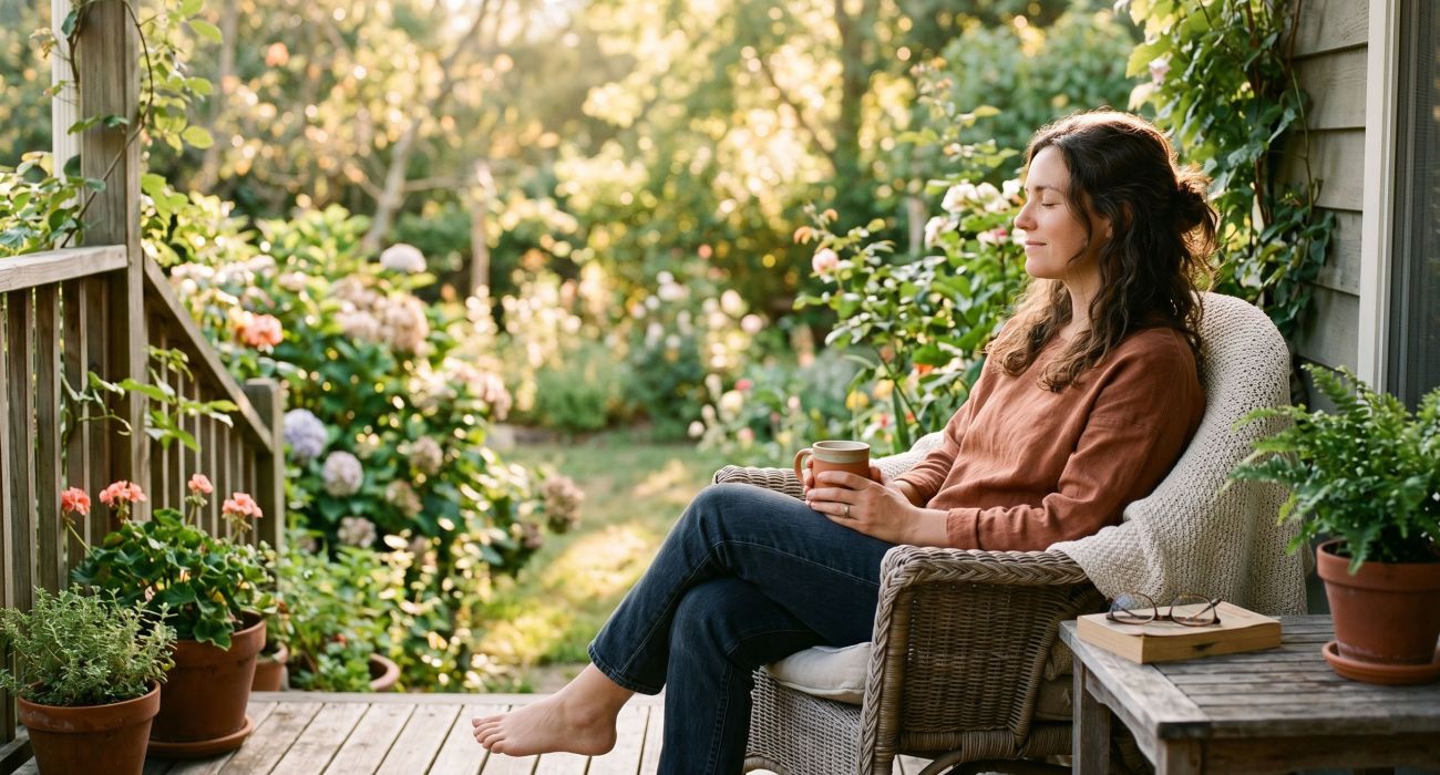 Woman sitting peacefully outdoors in soft morning light with eyes closed, representing emotional balance and calm