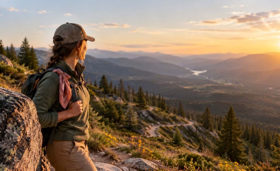 Woman hiker pausing beside a granite boulder on a mountain trail at golden hour with a rose bandana tied to her daypack