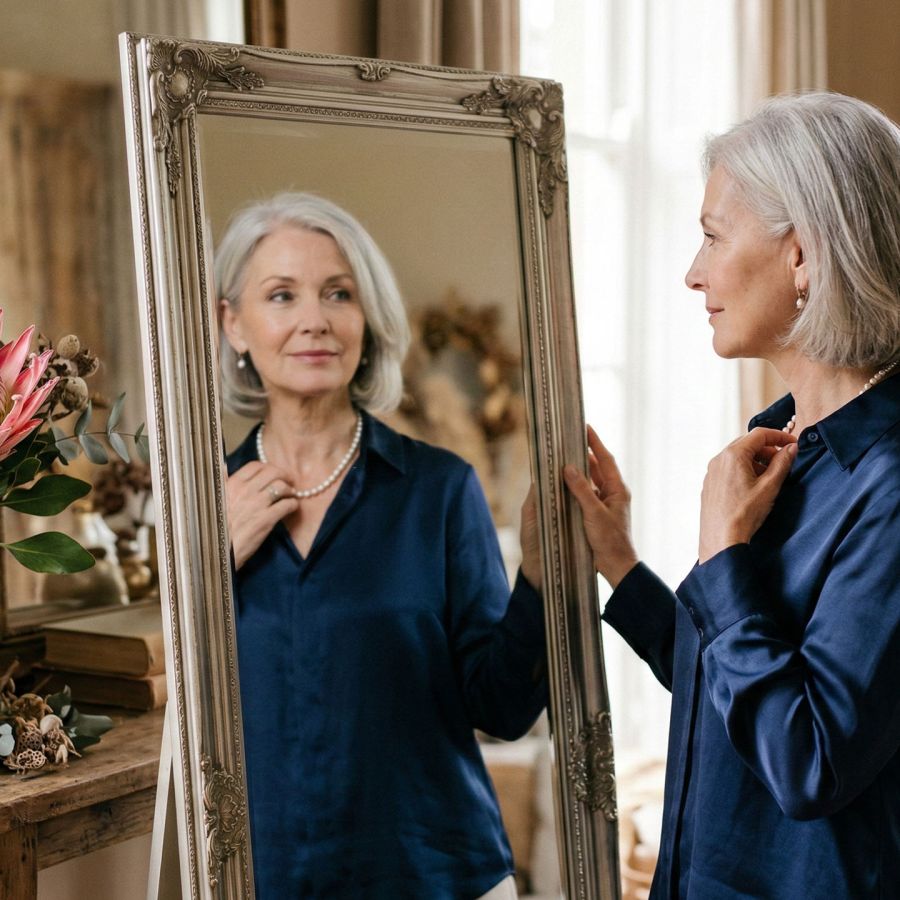 An elegant mature woman reflecting on her journey and physical changes.