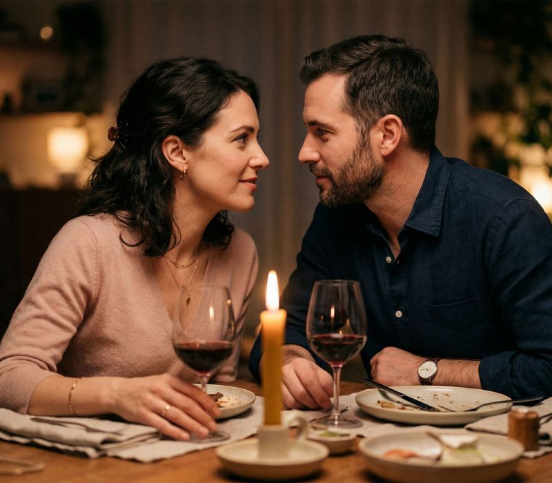 A couple sharing a warm, candlelit dinner at home, laughing and leaning toward each other in genuine connection