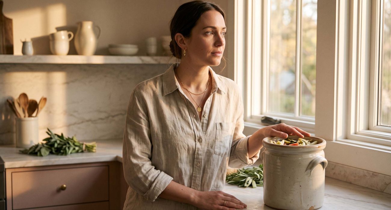 Woman in linen at a sunlit kitchen counter with a fermentation crock, illustrating the lactic acid bacteria behind the vaginal microbiome