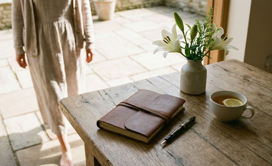 An elegant journal and pen on a wooden table representing feminine reflection and personal growth.