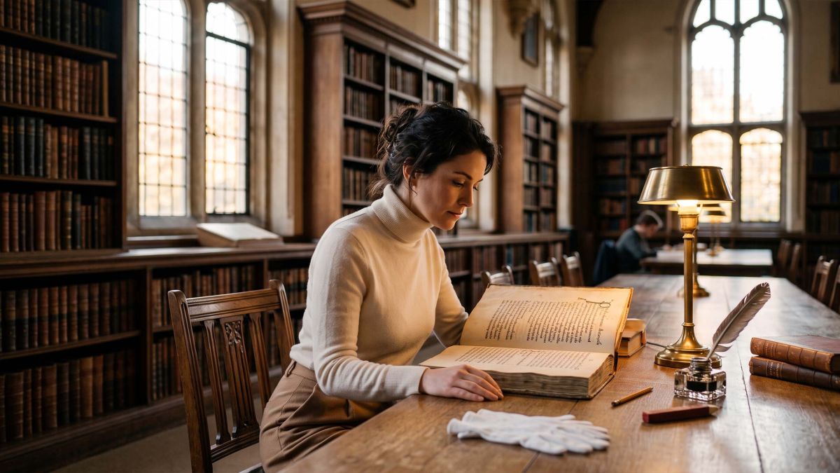 Woman in cream cashmere studying an antique anatomical folio in a sunlit rare-books library while researching the history of female anatomy
