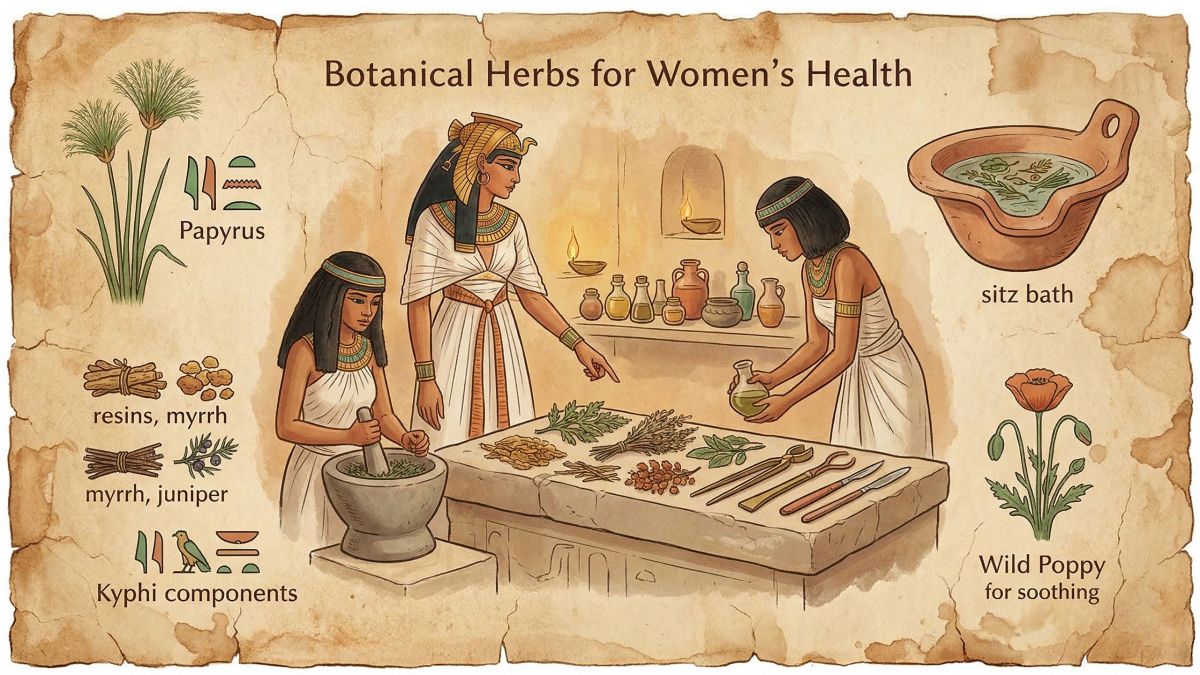 Ancient papyrus with botanical illustrations representing early women's health treatments