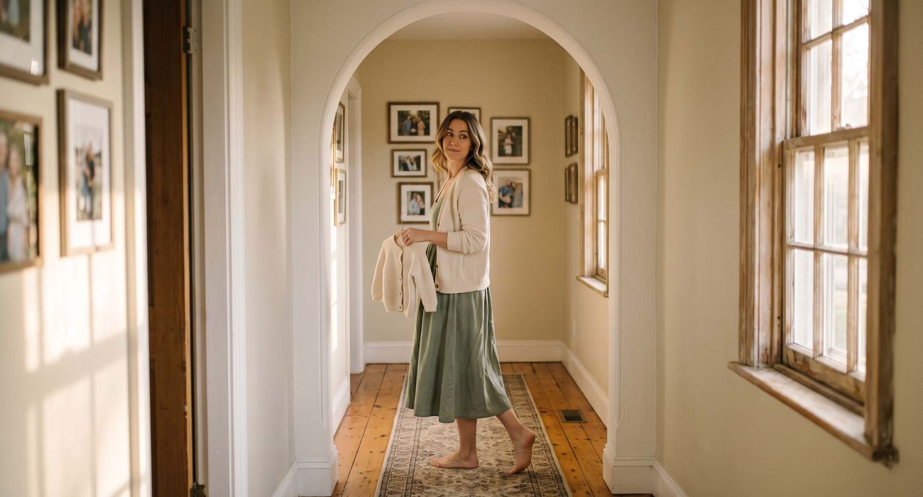Woman pausing mid-step in a sunlit hallway archway, holding a child's sweater and glancing back, illustrating why we forget what we came for
