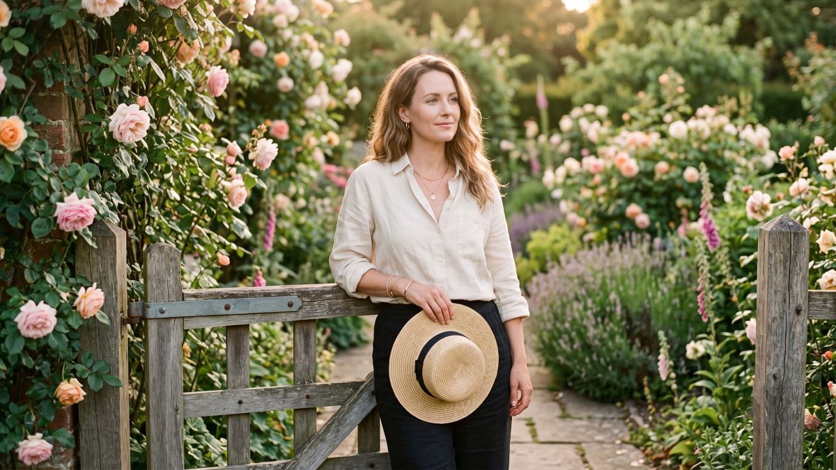 Serene woman in linen at a rose-covered garden gate in golden light during a screen-free weekend reset for a positive mindset