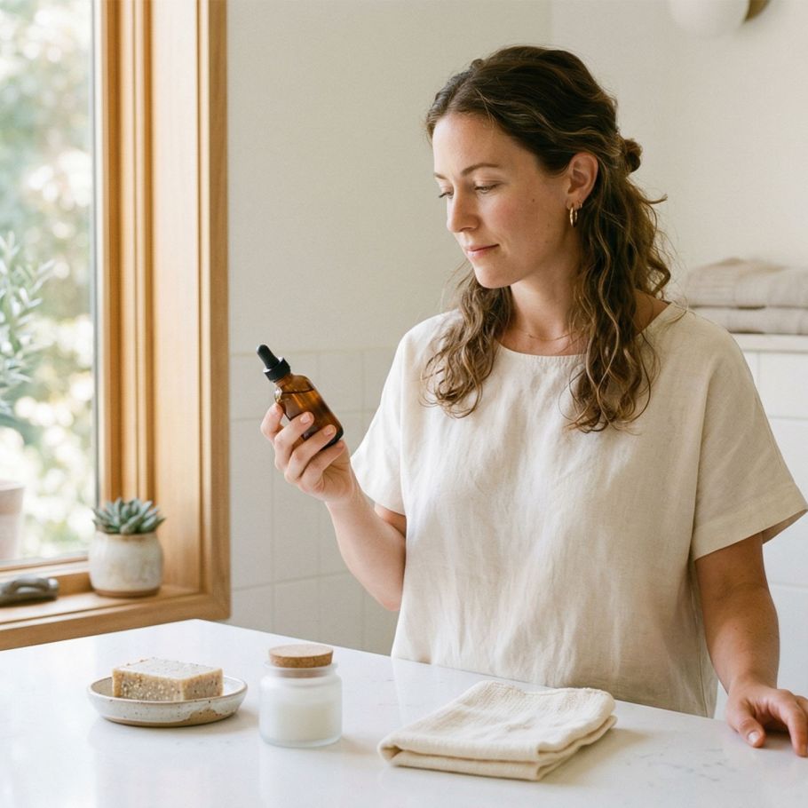 Woman reviewing hygiene products at a clean bathroom counter, representing microbiome-informed self-care