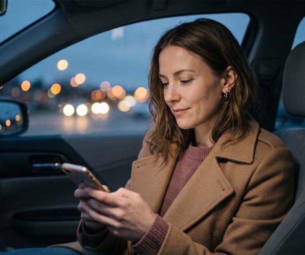 Woman in a camel coat sitting in her parked car at dusk checking her phone before a second date