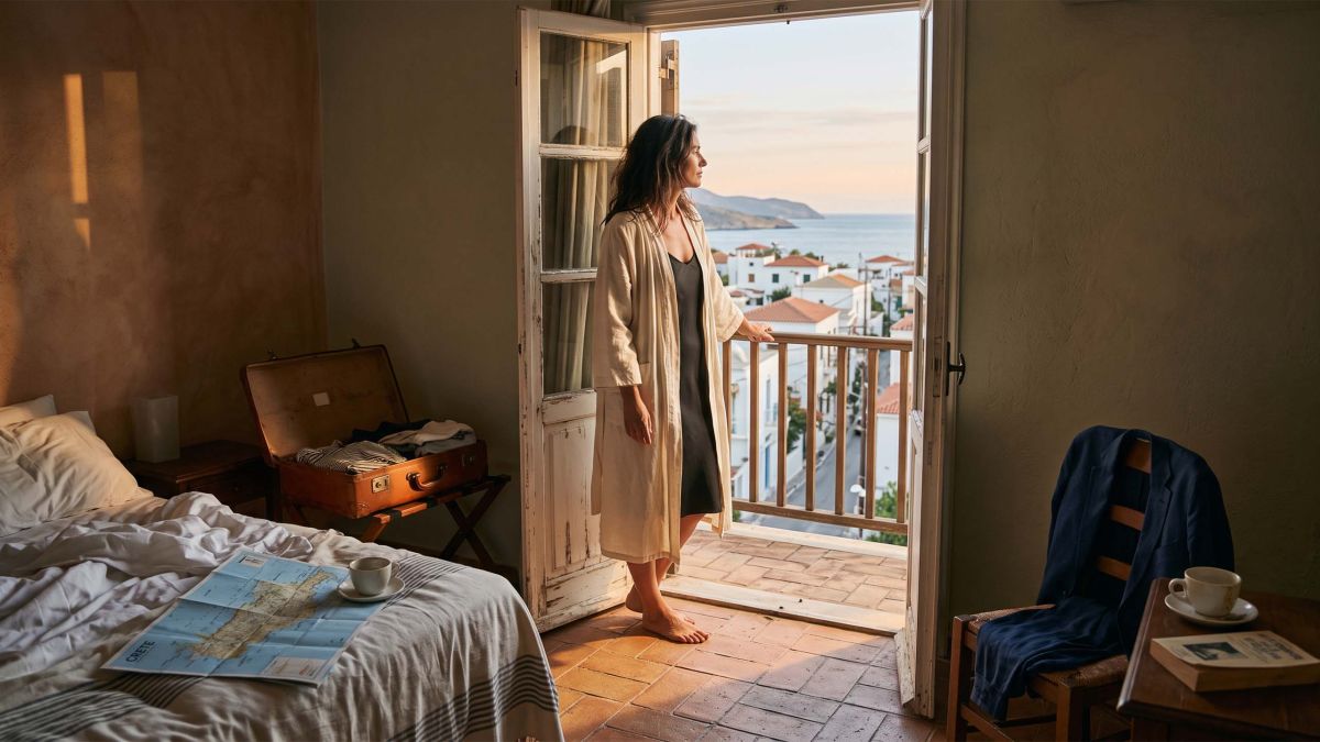 Woman in a linen robe at a hotel balcony doorway in morning light, reflecting on why travel doesn't restore closeness in a marriage