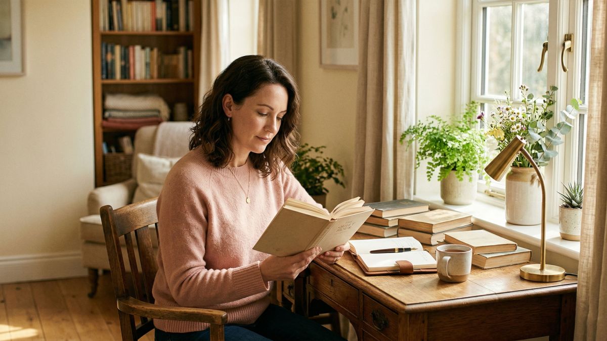 A woman seated at a sunlit desk reading and reflecting in soft warm light