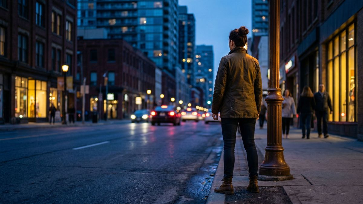 Woman standing confidently on a city street at dusk, viewed from behind, representing personal safety awareness and resilience