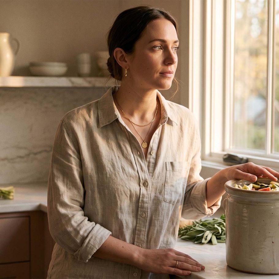 Woman in linen at a sunlit kitchen counter with a fermentation crock, illustrating the lactic acid bacteria behind the vaginal microbiome