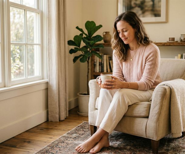 A calm, confident woman in soft natural light, representing body awareness and self-knowledge