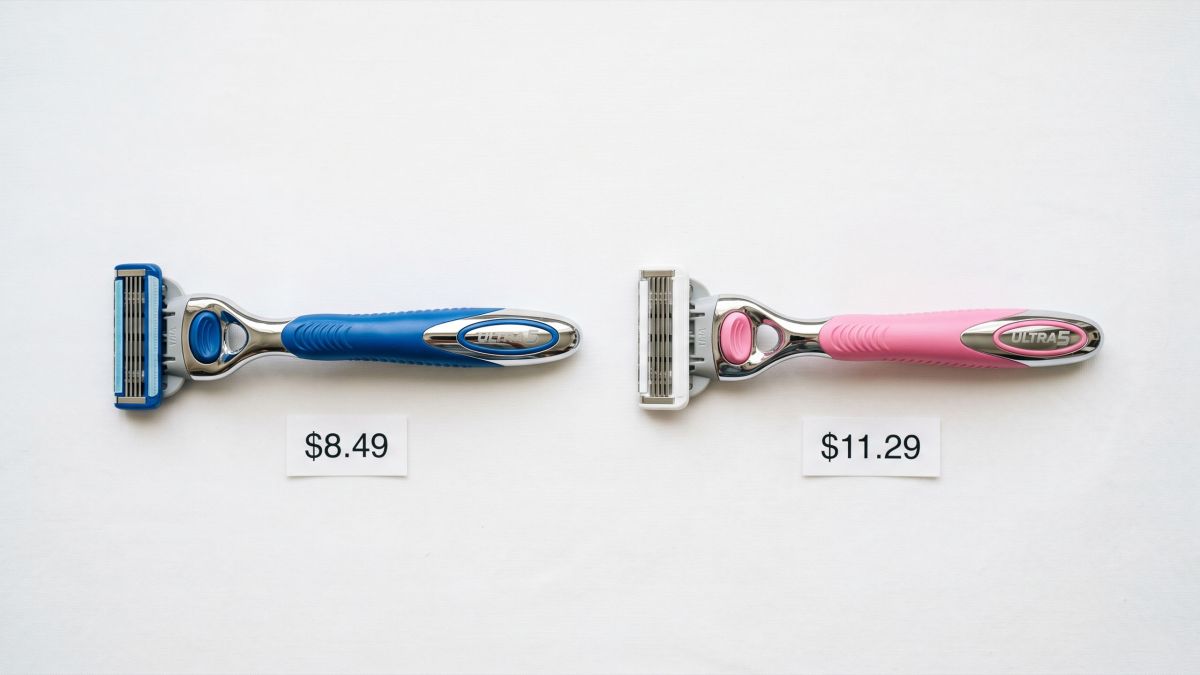 Pink and blue razors side by side with price tags showing the cost difference — the pink tax illustrated