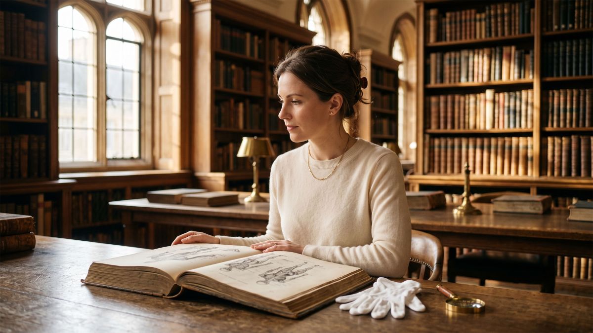 Woman studying a nineteenth-century anatomical folio in a sunlit historical medical library while researching the history of female anatomy