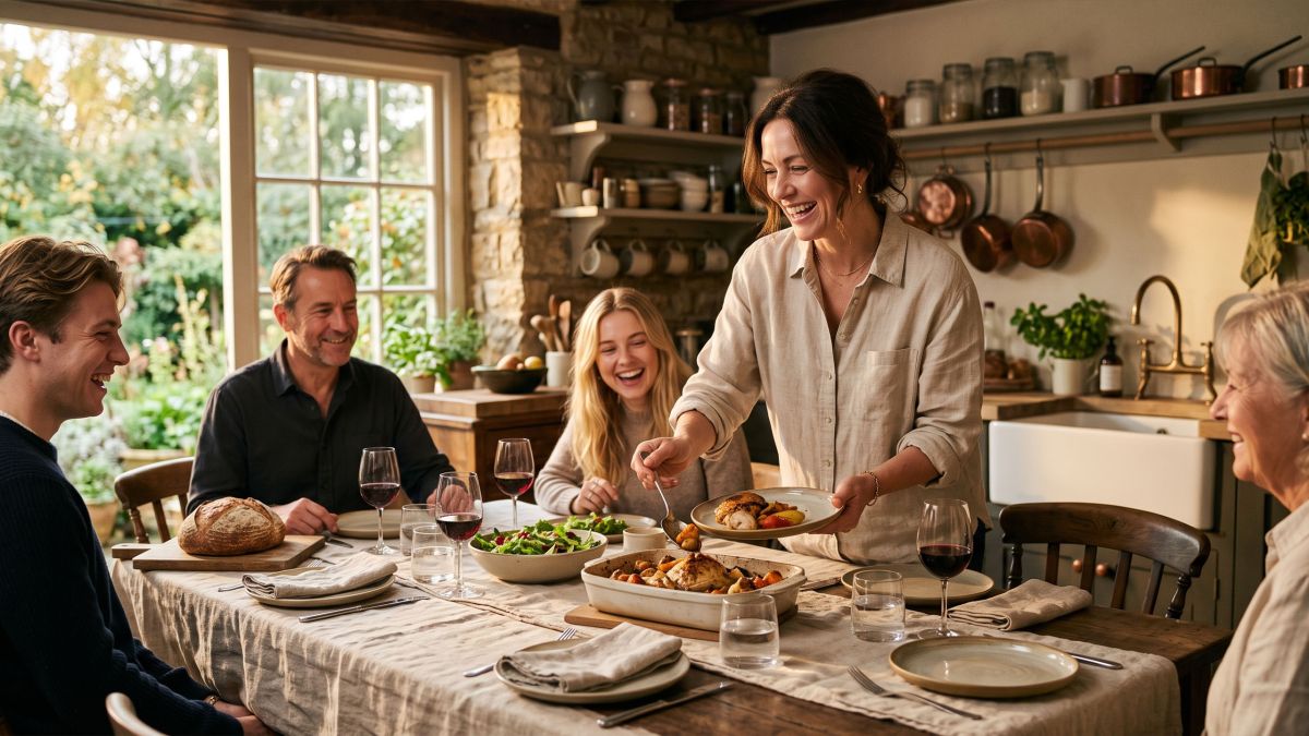 Woman serving a home-cooked family meal at a sunlit table, illustrating how to maintain a healthy weight without dieting.