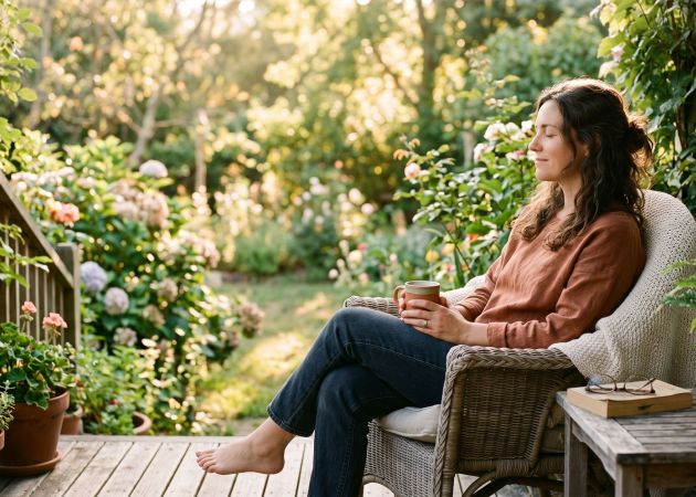 Woman sitting peacefully outdoors in soft morning light with eyes closed, representing emotional balance and calm