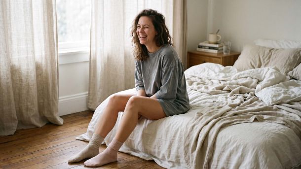 Woman sitting on the edge of an unmade bed in an oversized cotton t-shirt and mismatched socks in soft morning light, illustrating what women actually wear to sleep