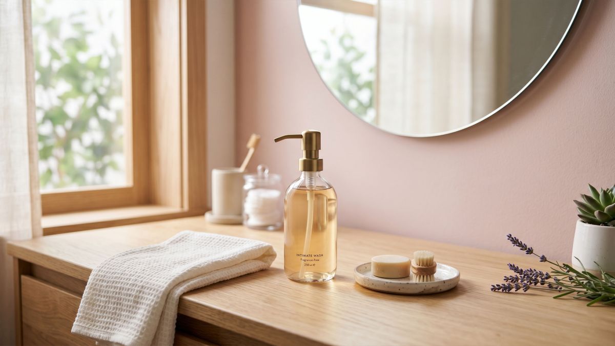 Minimalist personal care products and a soft cotton towel on a bright, clean bathroom counter.