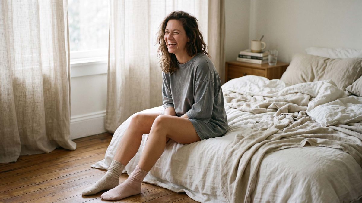 Woman sitting on the edge of an unmade bed in an oversized cotton t-shirt and mismatched socks in soft morning light, illustrating what women actually wear to sleep