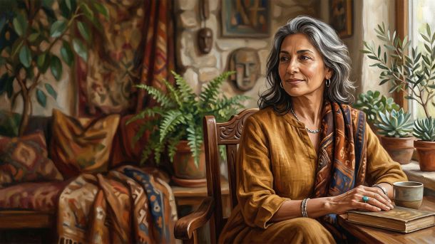 A serene woman in midlife with silver-streaked hair, softly lit, representing female wisdom and cultural perspectives on aging