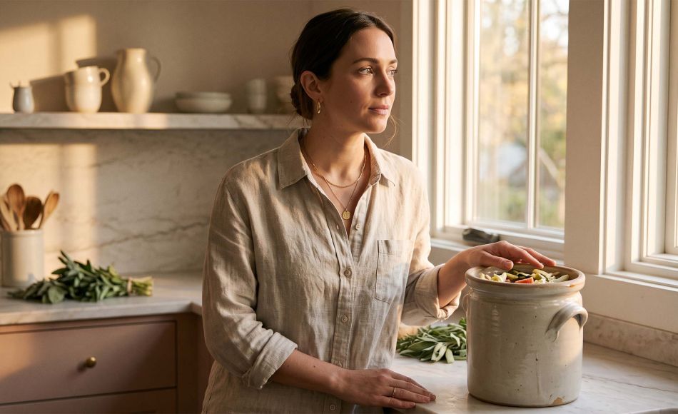 Woman in linen at a sunlit kitchen counter with a fermentation crock, illustrating the lactic acid bacteria behind the vaginal microbiome