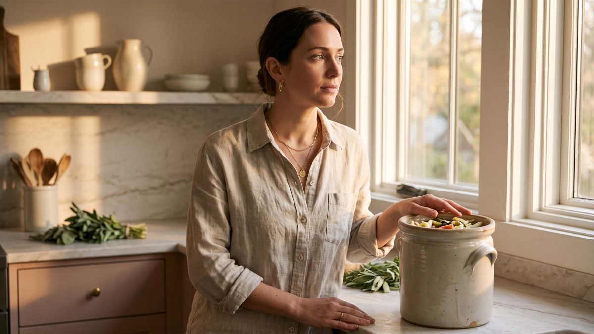 Woman in linen at a sunlit kitchen counter with a fermentation crock, illustrating the lactic acid bacteria behind the vaginal microbiome
