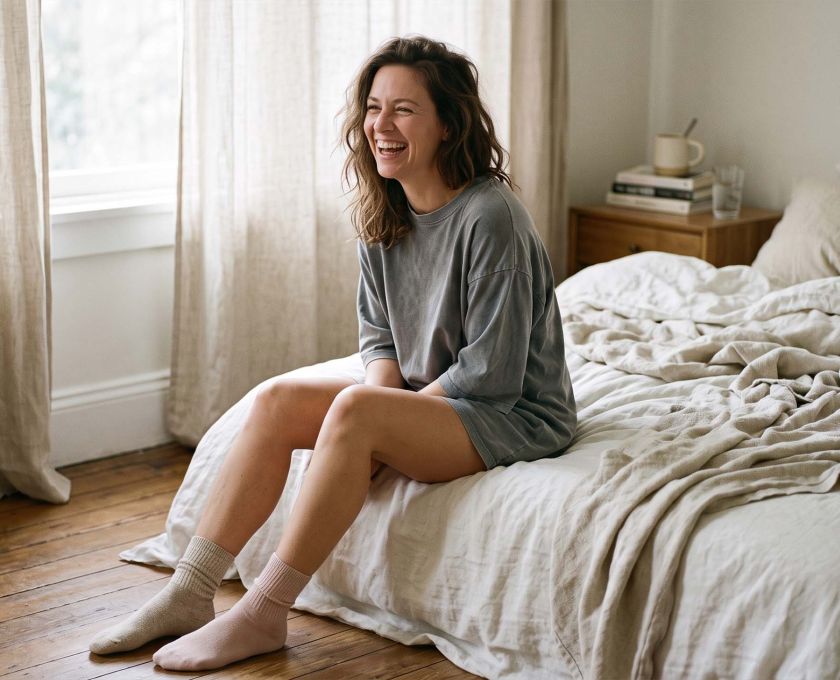 Woman sitting on the edge of an unmade bed in an oversized cotton t-shirt and mismatched socks in soft morning light, illustrating what women actually wear to sleep