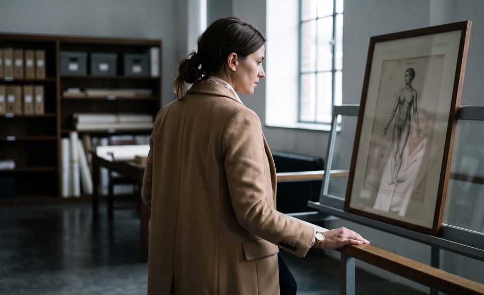 Woman in a camel coat viewing a framed nineteenth-century anatomical engraving in a museum archive, illustrating the history of how female anatomy was drawn