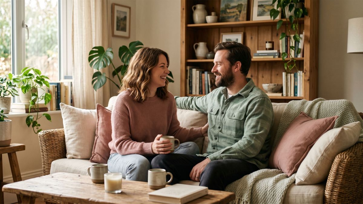 Woman and her partner sitting closely together, sharing a quiet, tender moment of emotional connection at home