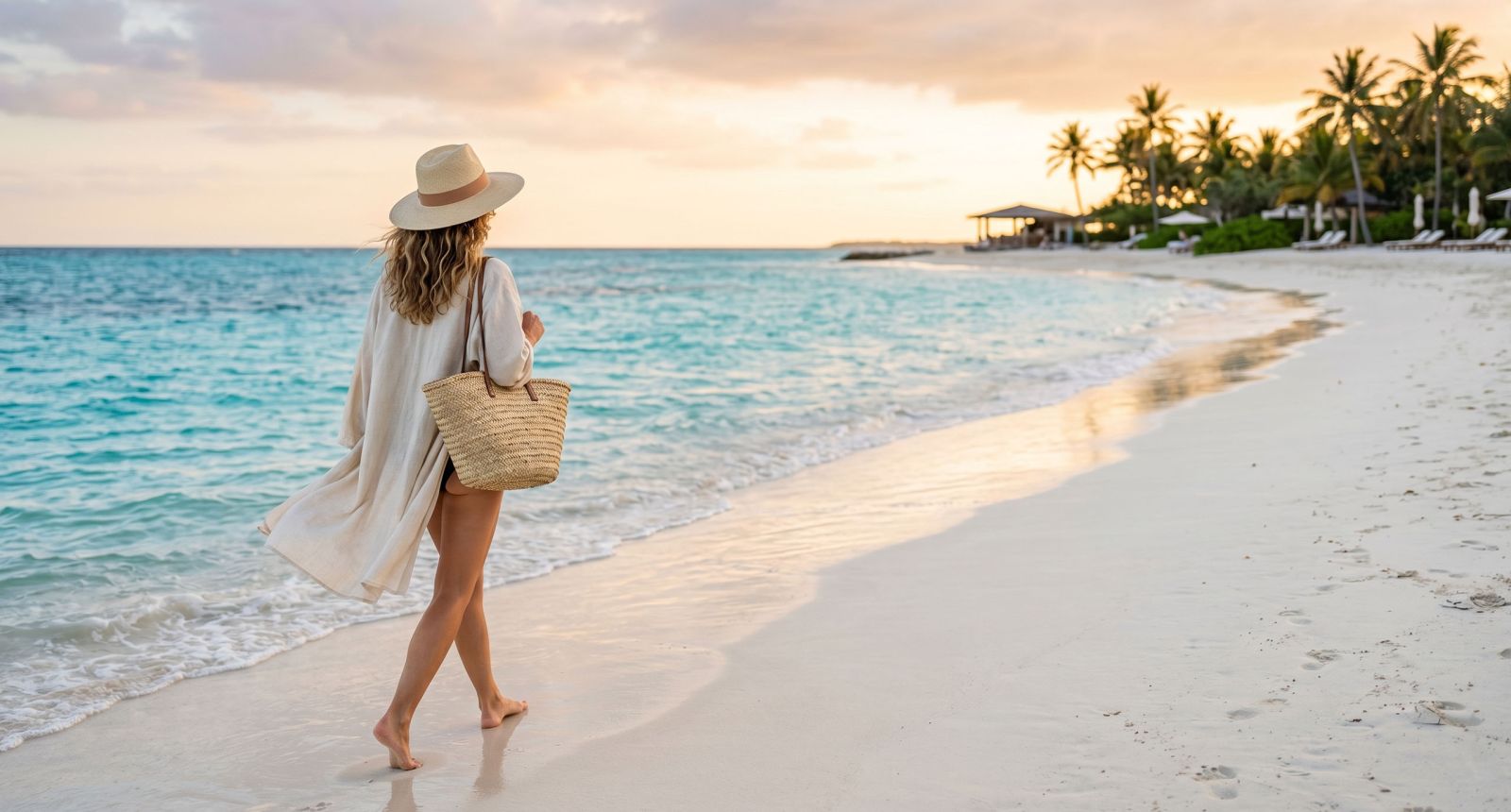 A woman walking along a pristine tropical shoreline holding a sun hat and a woven beach bag.