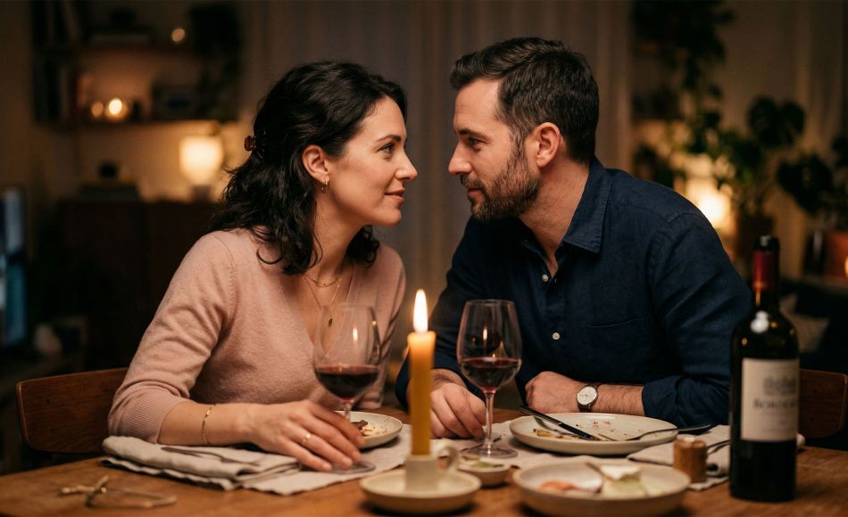 A couple sharing a warm, candlelit dinner at home, laughing and leaning toward each other in genuine connection