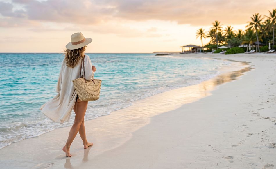 A woman walking along a pristine tropical shoreline holding a sun hat and a woven beach bag.