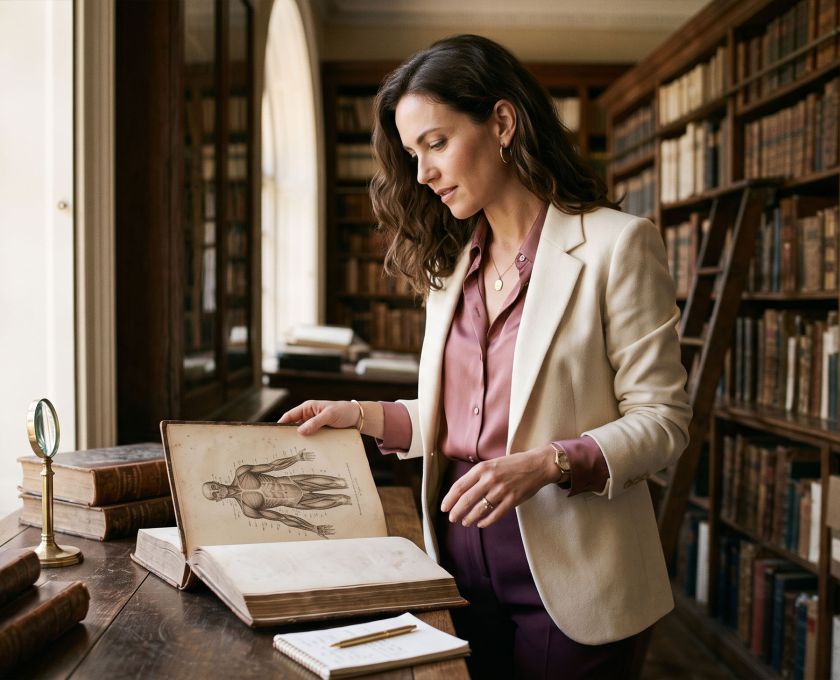 Elegant woman examining a 19th-century medical catalogue in a sunlit archive, illustrating the documented history of Victorian hysteria treatment