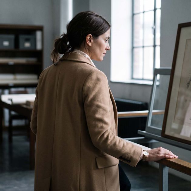 Woman in a camel coat viewing a framed nineteenth-century anatomical engraving in a museum archive, illustrating the history of how female anatomy was drawn