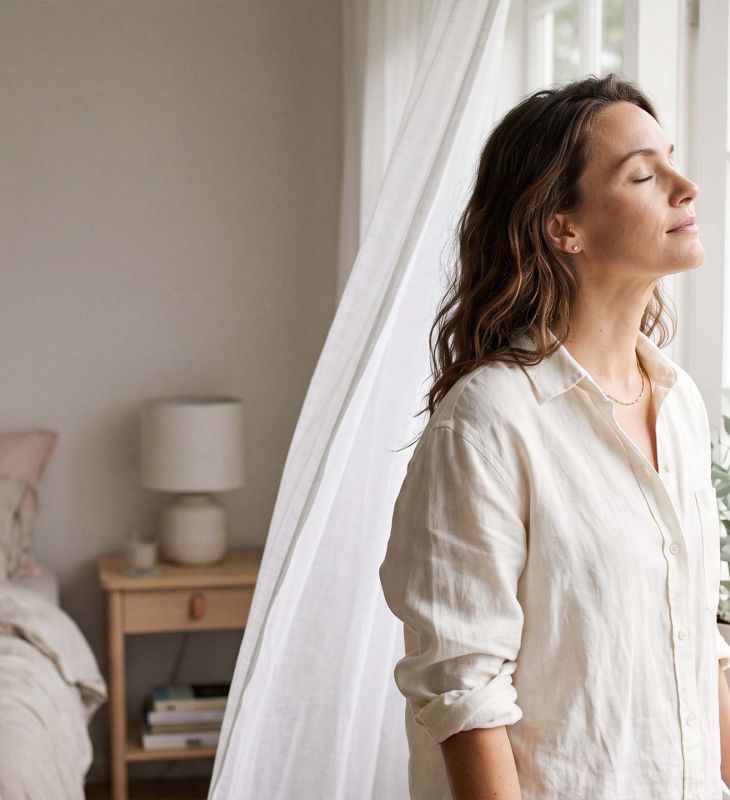 Woman in ivory linen at an open window in soft morning light, illustrating the natural science of female body scent